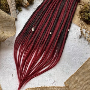 Black-red burgundy ombre color synthetic dreadlocks extensions| smooth crochet double ends/single ends dreads with jewelry