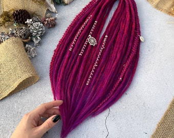 Synthetic dreadlocks extensions pink purple color| smooth, crochet, light weight double ends/single ends with silver color jewelry