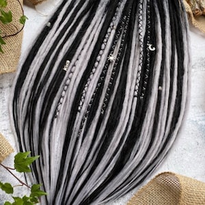 Black-gray color with black accents synthetic hair dreadlocks extensions| crochet smooth, double ends/single ends dreads with jewelry