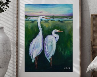 Cuadro de garzas de Lowcountry / Arte mural de aves costeras, paisaje de marisma del sur (descarga digital)
