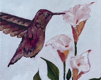 Hummingbird Lily Acrylic Painting | Botanical Nature Wall Art, Cottage Decor