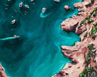 アマルフィ海岸のアクリル画｜海岸風景、地中海の船（壁掛けアート）