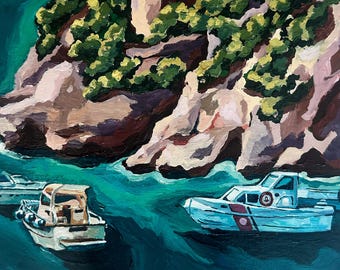 Pintura acrílica da Costa Amalfitana | Arte de parede com cena de barco na costa italiana