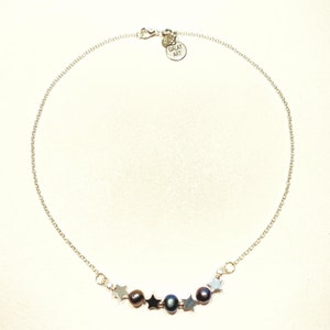 Natural freshwater black pearls necklace with silver hematite stars beads and 925 silver chain