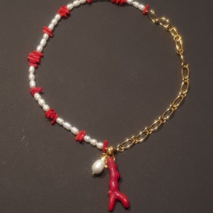 Natural freshwater white pearls with natural corals and massive 18K gold plated chain