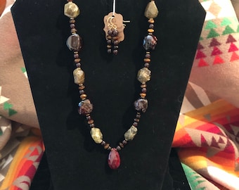 Faceted ruby pendant, red garnets, green garnets, Czech glass, gold