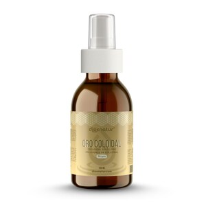 Puede incluir: Una botella de vidrio marrón con un pulverizador blanco y una etiqueta blanca. La etiqueta dice "ORO COLOIDAL" y "COLLOIDAL GOLD ORO" con el texto "20 ppm" y "100 ml". El producto es de dioxnatur.com.