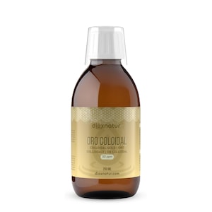 Puede incluir: Una botella de vidrio marrón con tapa blanca, etiquetada como "ORO COLOIDAL" y "COLLOIDAL GOLD". La etiqueta también indica una concentración de 20 ppm y un volumen de 250 ml. La marca "dioxnatur" es visible.