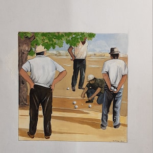 original gouache, unique piece, made in France, Provence, vacation, summer, pétanque game, boules,