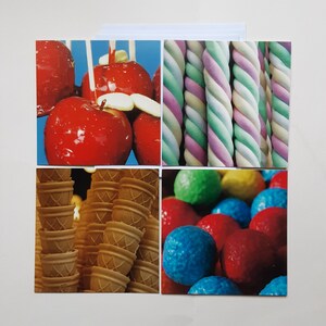 wenskaarten, set van 4 dubbele kaarten kermis, snoep, kermis, kinderen, speelgoed spelletjes, snacks,