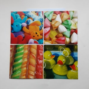 wenskaarten, set van 4 dubbele kaarten Kermis, snoep, kinderen, kermis, spelletjes, speelgoed, snacks