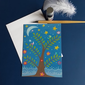carte de voeux, arbre lune fête des mères ou des prands-mères, fête des pères ou des grands-pères