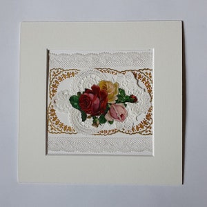 birthday, event, old lace, cut paper composition, vintage chromo bouquet of roses decorated with gouache
