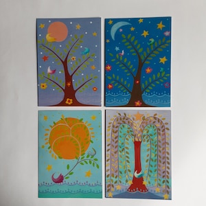 cartes de voeux  les arbres,nature,1 lot de 4 cartes:arbre soleil,arbre lune,arbre lyre,arbre coeur