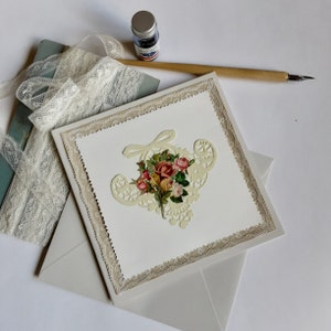 mother's and grandmother's day, greeting card, birthdays, thanks, card decorated with lace, and vintage flower chromos