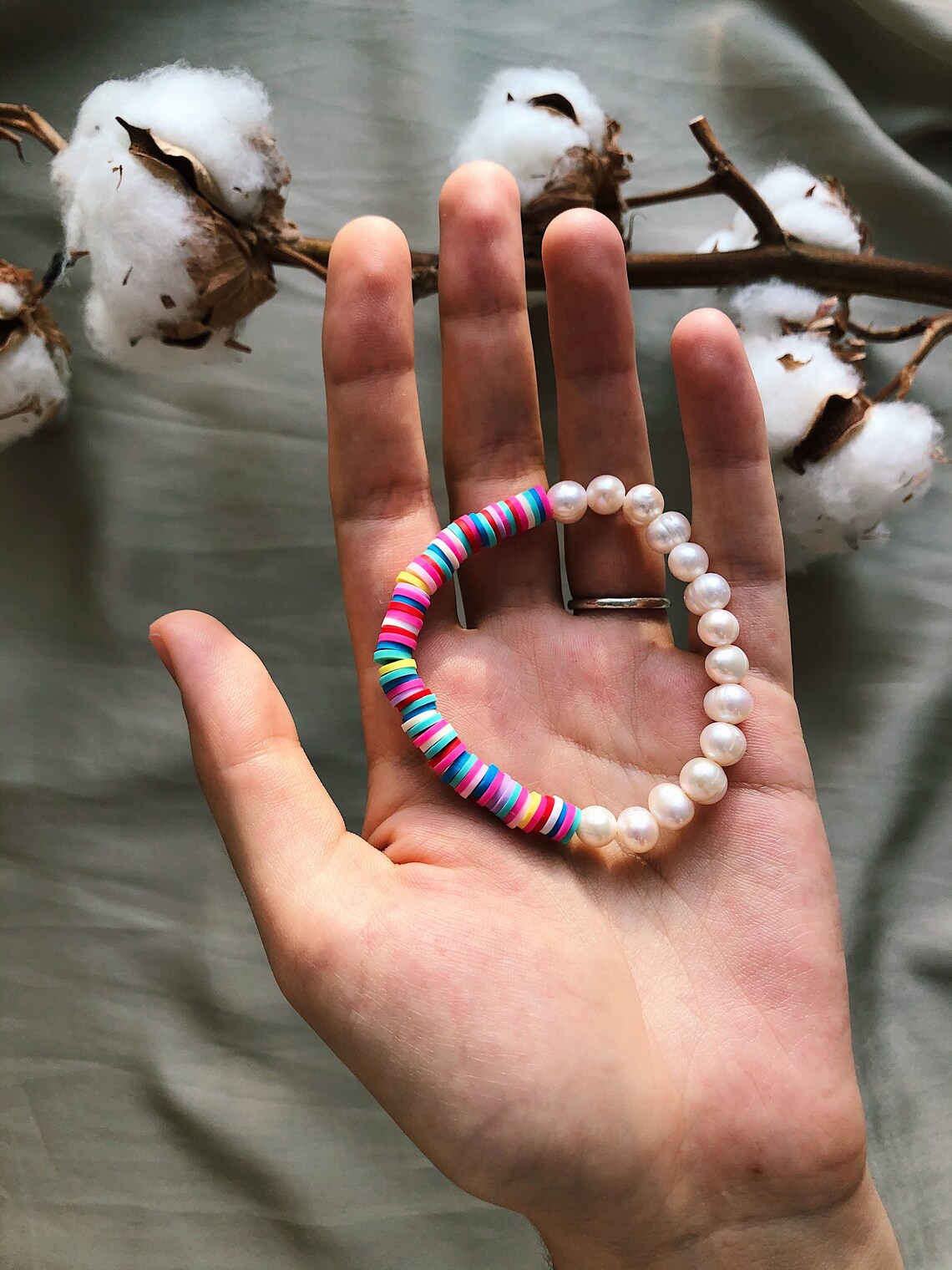 MultiColor Heishi Bead Bracelet with Freshwater Pearl Half Etsy