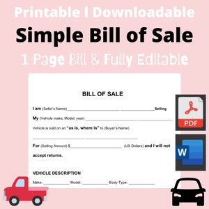 Bill of Sale for Car, Truck bill of sale. PDF/Word Template. Printable/Fillable/Editable/Downloadable