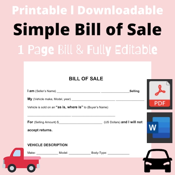 Bill of Sale for Car, Truck bill of sale. PDF/Word Template. Printable/Fillable/Editable/Downloadable