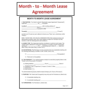 Month to month rental agreement - Monthly Rental Agreement - Month to Month lease contract -PDF File/Doc  - Available for Instant download