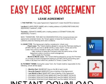 May include: A printable Easy Lease Agreement document with the words "Print Ready" and "Instant Download". The document includes sections for landlord and tenant information, lease type, and payment terms. Includes a Word and PDF icon.