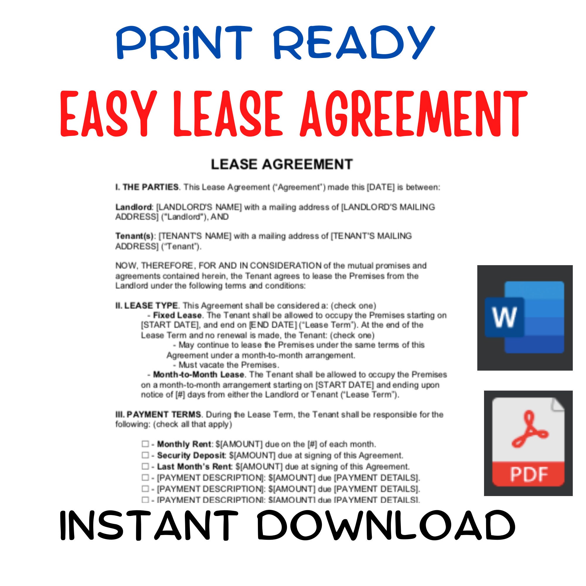 Simple One Page Lease Agreement - Etsy