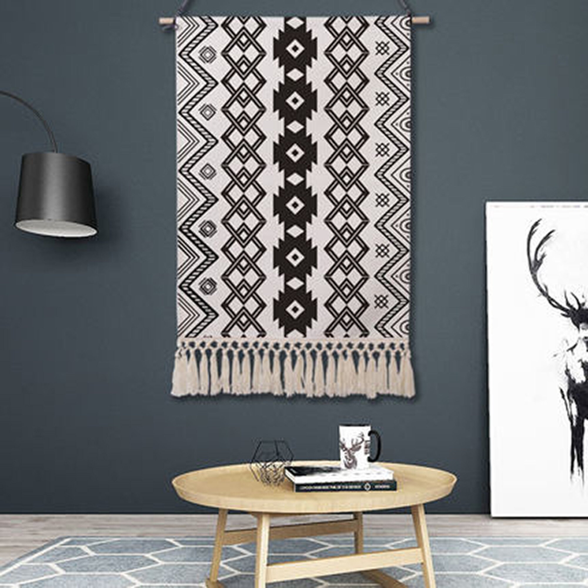 Geometric tapestry black and white printed tapestrytassel Etsy