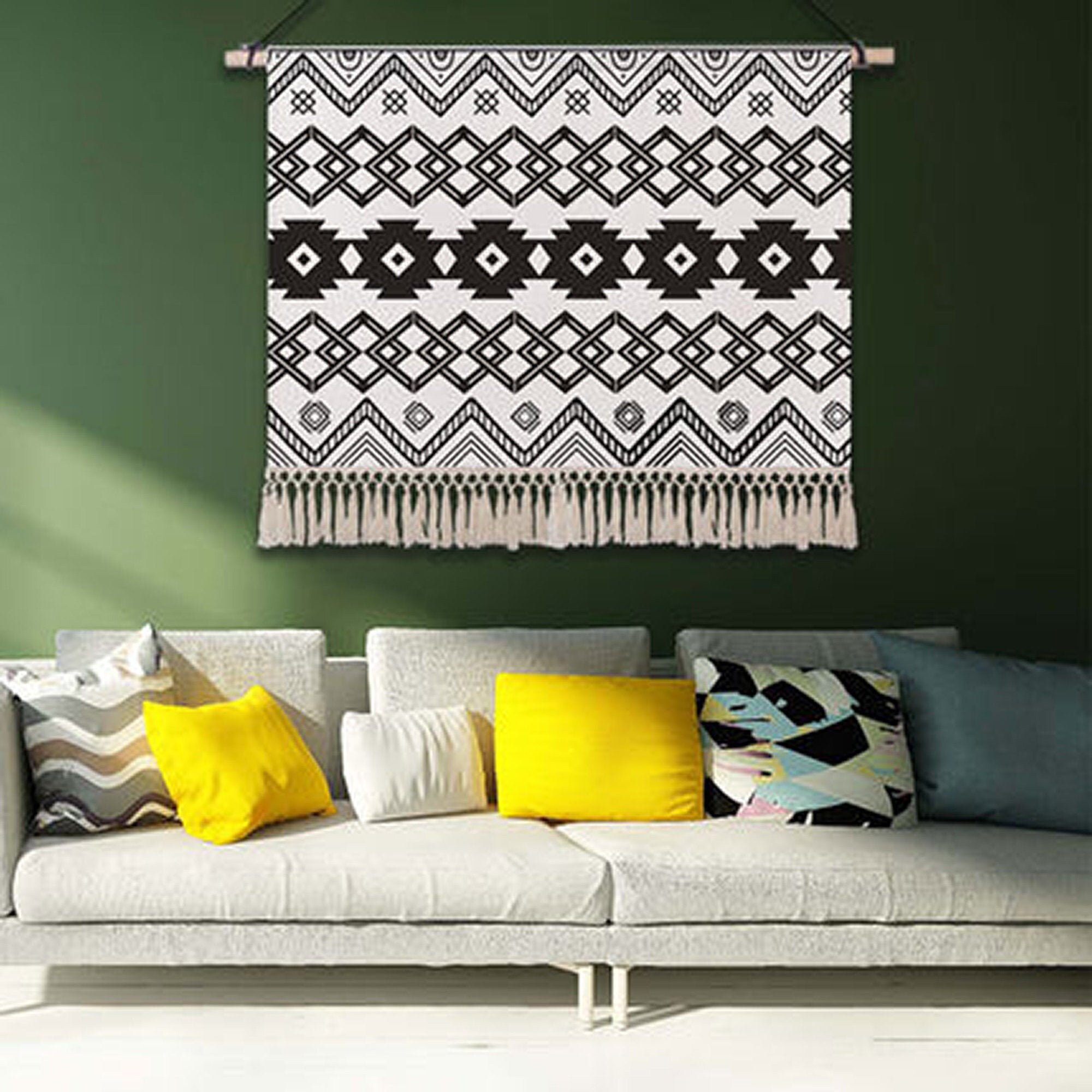 Geometric tapestry black and white printed tapestrytassel Etsy