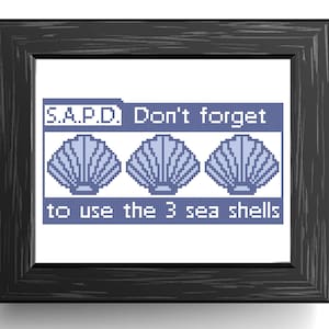 May include: A blue and white pixelated image with the text "S.A.P.D. Don't forget to use the 3 sea shells".
