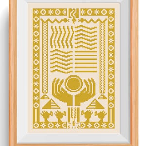 以下が含まれることがあります： 白い背景に金色の幾何学模様が描かれた額装されたプリント。デザインには円、手、三角形、線などが含まれています。