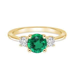 3 Stone Green Emerald Engagement Ring For Women, 14K Gold Finish Emerald Anniversary Ring, Ladies Side Diamond Ring, Women Side Stone Ring