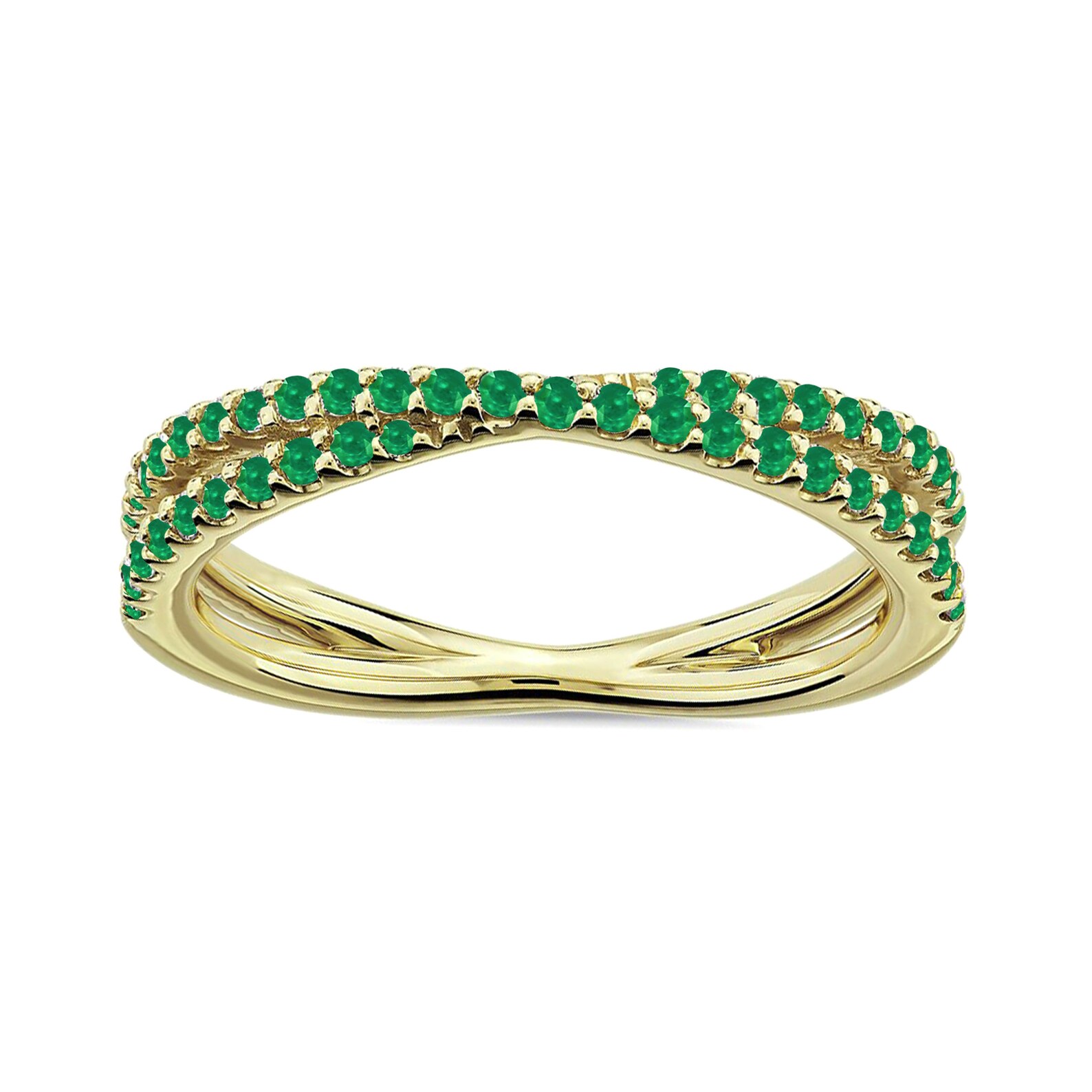 Green Emerald Crossover Wedding Band For Womens 14K Gold