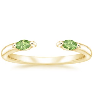 Two Stone Green Peridot Open Wedding Band, 14K Gold Finish Dainty Anniversary Band, Womens Marquise Peridot Band, August Birthstone Ring