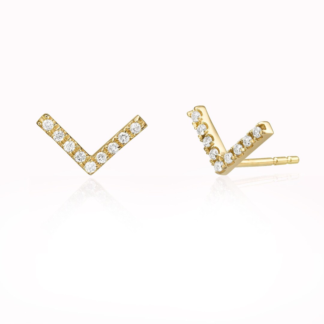 V Shape Diamond Stud Earrings for Women 14K Gold Finish - Etsy