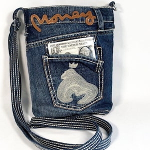 Kleine Schulter Jeanstasche, Mini Crossbody Messenger aus Stoff Denim.