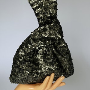 Hand japanese knot bag, wrist evening clutch for special occasions in glitter fabric