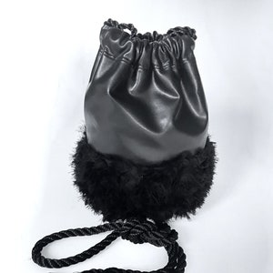 Small black crossbody clutch, bucket bag, drawstring purse in Faux Leather and Fabric&quot;