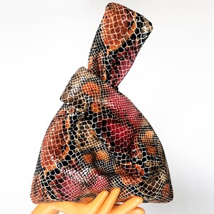Japanese knot handbag, python elegant clutch purse, handmade women bag in python effect faux leather fabric. It is a great choice for a gift