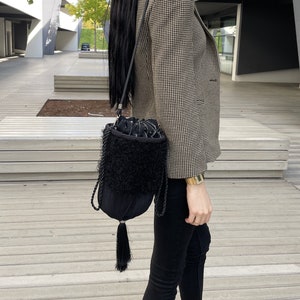 Shoulder/crossbody drawstring bucket black fabric evening bag
