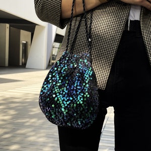 Small green evening clutch bag, sequin and velvet wrist bucket bag