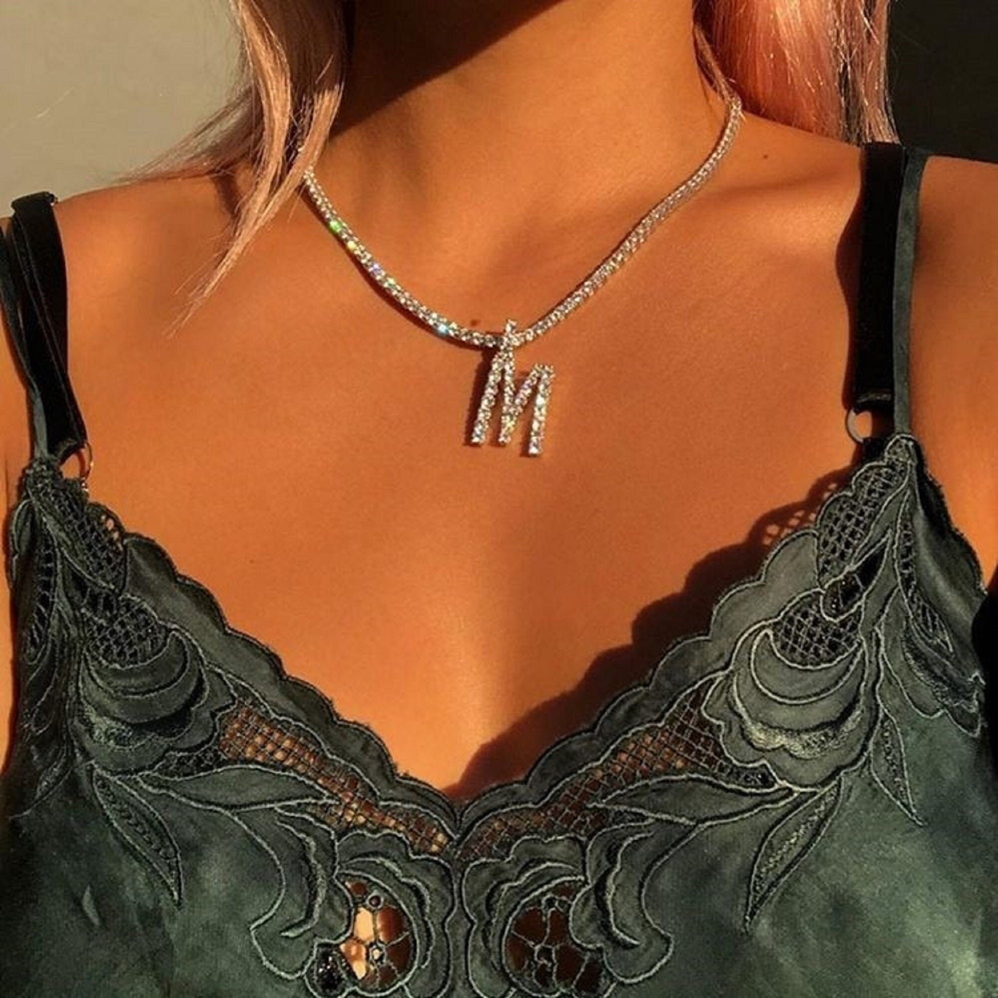 Initial Tennis Chain Gold Necklace and 