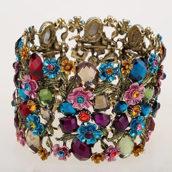 Flower stretch wide bracelet for women / summer cuff fashion / Cuff Bracelet / Wristband Jewelry / gift for her / birthday gift