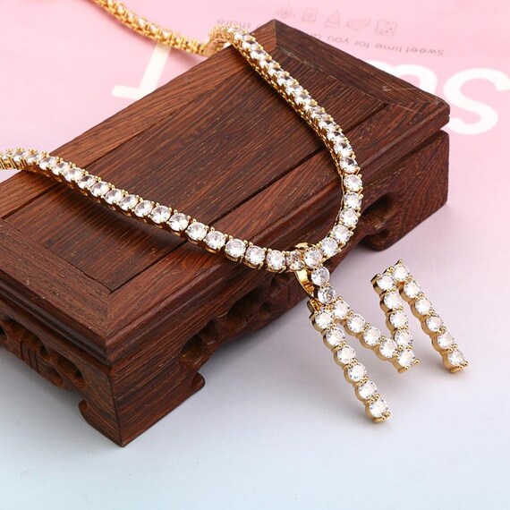 Initial Tennis Chain Gold Necklace and 
