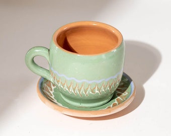 TEACUP And SAUCER, Art DECO Tea Cup, Hand Painted Pottery, Minimalist  Pale Green Stoneware Cups Perfect for Tea Party Unique Pottery