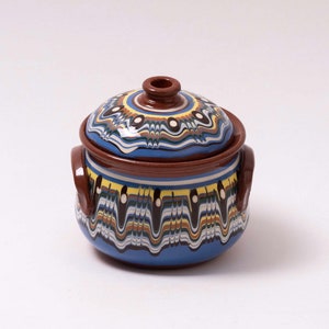CASSEROLE DISH, BULGARIA, Cooking Pot, Small Traditional Stoneware Ceramic Pottery 600mlArtisan Hand Painted Baking Pot Dish With Lid Lapis blue