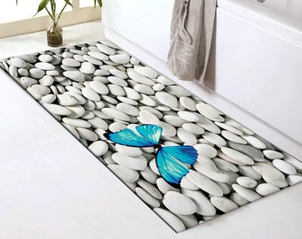 Butterfly Pebble Pattern Bath Mat: Microfiber Non-Slip Bathroom Rug