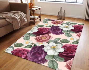 Purple Roses Floral Area Rug: Modern Home Decor