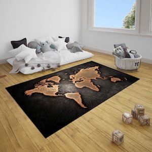 Grande carte du monde, tapis de jeu rampant pour chambre d'enfants, tapis en mousse à mémoire de forme, tapis pour le salon, tapis décoratif pour la maison, tapis à motifs noirs