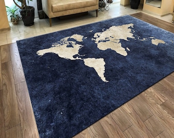 Large World Map, Bedroom Kids Baby Play Crawling Mat, Memory Foam Area Rugs, Carpet for Living Room, Home Decorative Rug, Dark Blue Rug, Rug