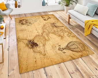 Rustic World Map Area Rugs, 3D Rug for Living Room, Kitchen Mat, World Map Gifts, Unique Rugs, World Map Personalized,Birthday New Year Gift