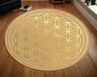 Tapis géométrie sacrée, tapis rond, tapis fleur de vie, tapis en forme, tapis à motifs dorés, tapis pour le salon, tapis décoratif géométrie sacrée, tapis cercle,